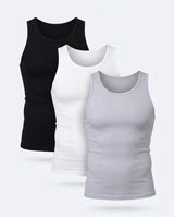 Three tank tops in black, white, and gray on a light gray background